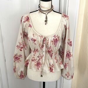 Free People Rose Colored Floral Milkmaid Peplum Top Size‎ Small
